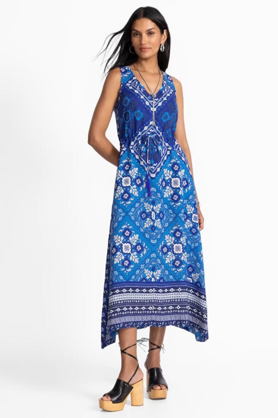 Johnny Was Drawstring Tank Linen Floral Patchwork Midi Tank Dress Blue M